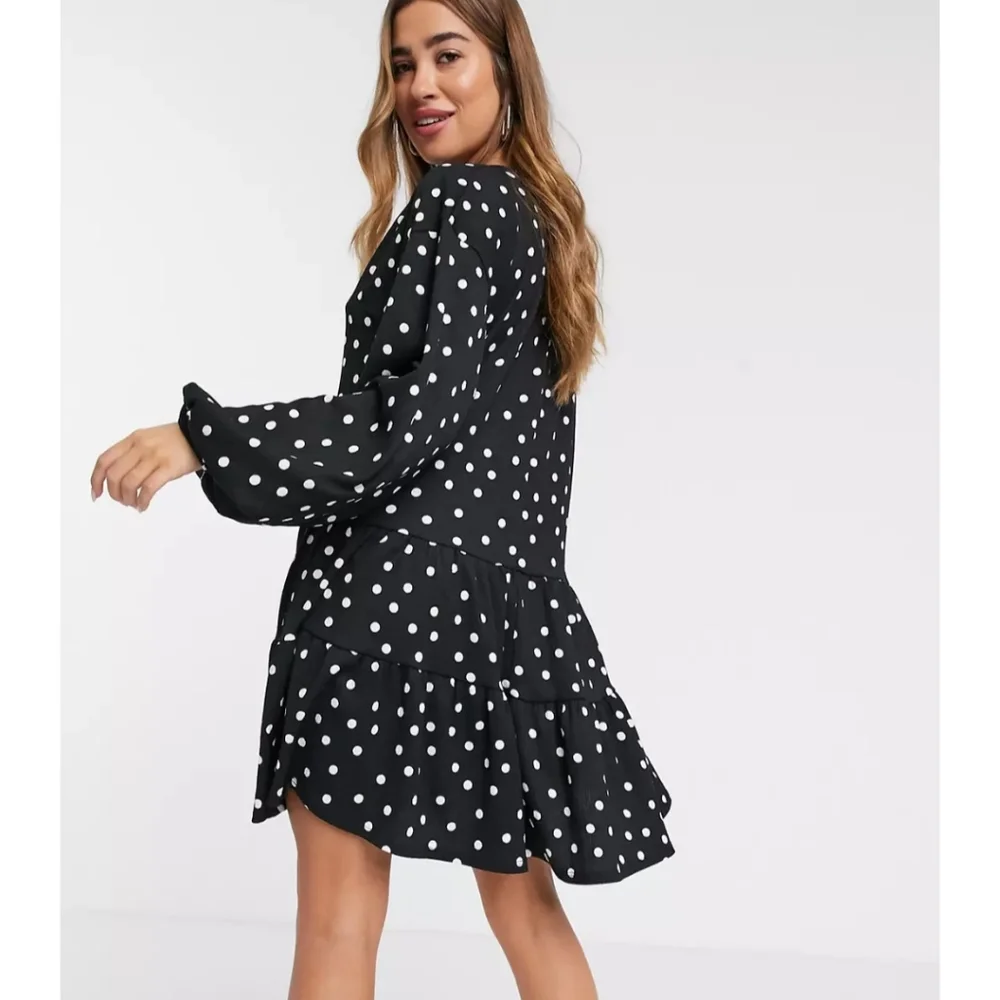 Mango Tiered Polka Dot Jersey Smock Dress in Black - Picture 3 of 8